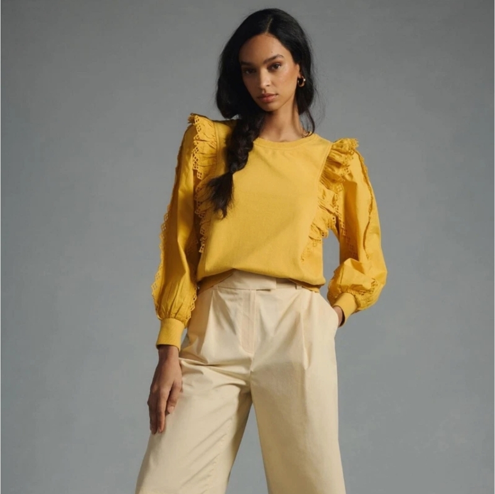 Anthropologie Yellow Ruffle Crew Neck Sweater